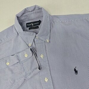 Ralph Lauren Men's Large Cotton Blue Plaid Long Sleeve Button Down Shirt FLAWS